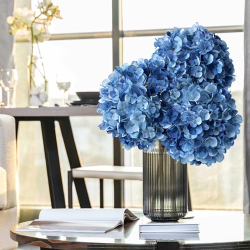 ZYTUYO 3PCS Dark Blue Hydrangea Artificial Flowers 25.6" Large Fake Hydrangeas Flowers with Stems Faux Silk Bouquet for Indoor Home Decor Table Wedding Party Floral Outdoor Centerpieces - color: Dark Blue