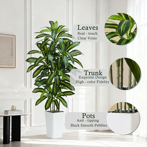 Artificial Dracaena Tree：6FT Faux Silk Tropical Yucca Floor Trees Realistic Fake Green Plant with Natural Wood Trunk & Lifelike Leaves for Home Office Decor Indoor & Outdoor (6FT,1-Pack,White) - color: Dark Green – White Pot, size: 6FT