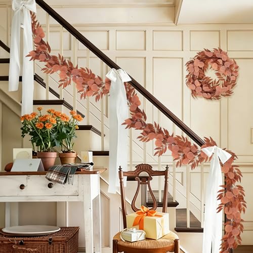 RECUTMS 2Pcs Artificial Fall Eucalyptus Garland with Willow Leaves 6Ft Hanging Silk Orange Leaf Vine Greenery Faux Ivy Plants Indoor Outdoor Home Office Party Wedding Table Arch Fireplace Autumn Decor - color: Eucalyptus Leaf Orange