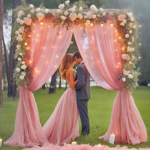 10ft x 8ft Dusty Rose Backdrop Curtain with Lights String for Parties, Sheer Tulle Wedding Photo Backdrops Drapes for Baby Shower Birthday Party Decorations Background for Photography - color: Dusty Rose, size: W5' x H8'(2 panels)