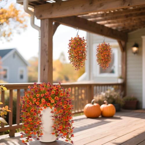 Fake Mums Artificial Fall Hanging Flowers for Outdoors Decoration 2 PCS Faux Mums for Outdoor Planters Fake Plants Look Real Daisy Flower No Fade Autumn Decor for Porch Home Patio Balcony and Yard - color: Orange Brown