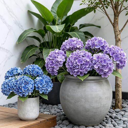 LFF 3Pcs Purple Hydrangea Artificial Flowers, 8.66" Large Real-Touch Latex Blooms with 22" Long Stems, Faux Hydrangea for Outdoor Planter Indoor Home Table Centerpieces Wedding Decor Bouquets - color: Purple