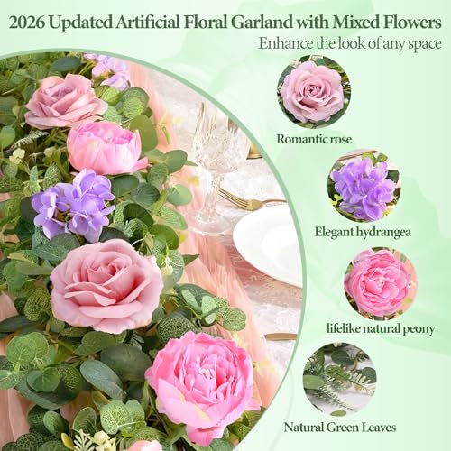 Livole 2Pcs 12 Ft Artificial Flower Garland Fake Pink Rose Peony Floral Garland with Eucalyptus Flower Hanging Vine for Wedding Arch Table Centerpieces Backdrop Party Home Decorations - color: Pink, size: 2 Pcs