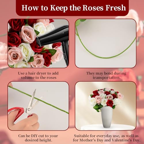48 Pcs Silk Artificial Flowers, Fake Rose Long Stem Realistic Artificial Flowers for Wedding Arrangement Centerpiece Party Decor (16 Burgundy, 16 Coffee Pink, 16 Off-White)