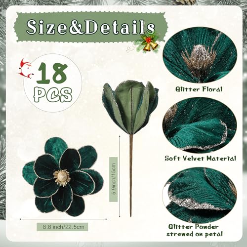 18 Pcs Large Velvet Christmas Poinsettia Magnolia Flowers Ornaments Glitter Big Heads Artificial Magnolia Flowers for Decoration Wedding Decor Supplies(Dark Green) - color: Dark Green