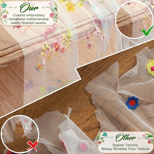 AerWo Embroidery Sage Floral Table Runner 120 Inch 10FT, White Floral Runners for Tables Flower Decorations for Party, Flower Runner for Table Kitchen & Dining, Party and Event Centerpiece