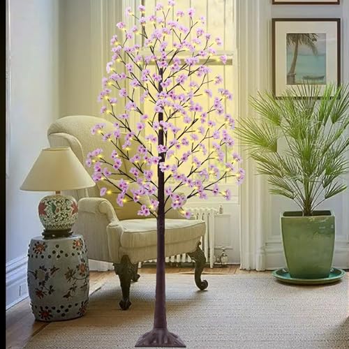 7FT Lighted Cherry Blossom Tree - Faux Artificial Light Up Pink Tree with 144 Lights, 432 Lush Flowers, Timer, Remote 8 Modes Cherry Blossom Tree for Spring Wedding Valentines Indoor Outdoor Decor - size: 7ft