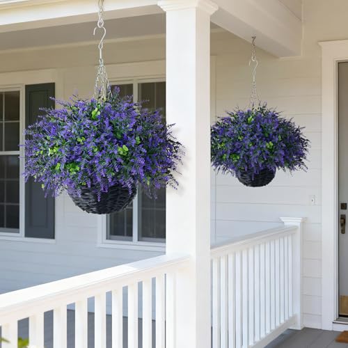 GLIDLION Artificial Eucalyptus & Lavender Hanging Basket (2 Pieces) - Realistic Fake Hanging Plants Set, Outdoor Faux Eucalyptus Leaves for Farmhouse Eaves Porch Decor | Spring,Summer,All Season