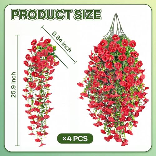 Artificial Hanging Flowers for Outdoors, 4 PCS UV Resistant Morning Glory Flowers with Eucalyptus Leaves, Silk Fake Flower Realistic Faux Plants for Home Patio Porch Garden Decor, Red - color: Red