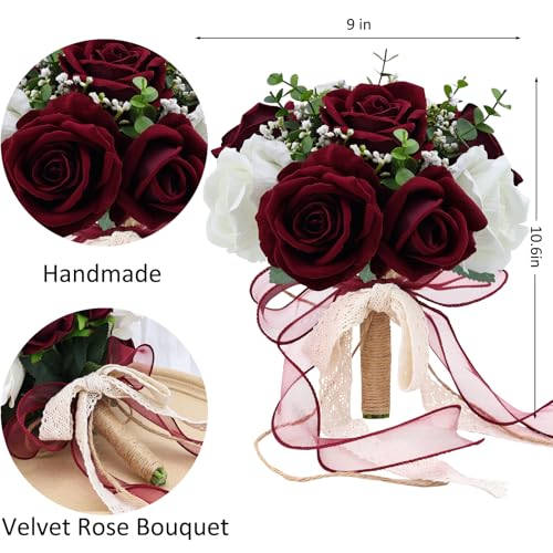 9in Wedding Bouquets for Bride Bridesmaid, Burgundy & White Artificial Roses Flowers Bouquet for Rustic Church Boho Wedding or Centerpieces Decoration