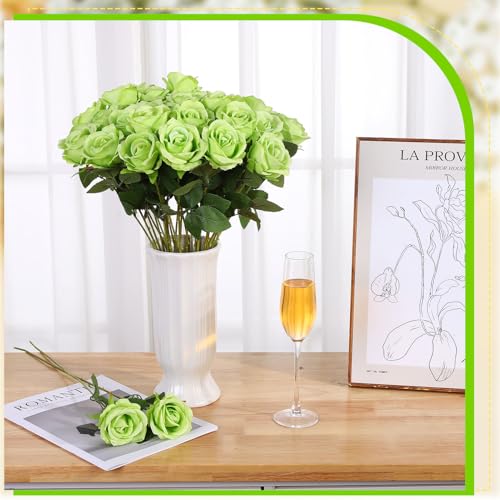 36 Pcs Silk Green Rose Bouquet Bridal Artificial Flowers,Fake Rose Long Stem Realistic Flowers Bulk for Wedding Bouquet Ball Arrangement Centerpiece Party Decor - color: Light Green