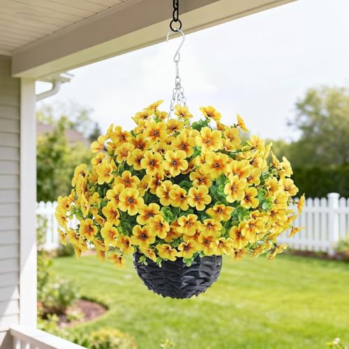VIERENA 2 Sets Artificial Morning Glory and Eucalyptus Hanging Basket for Outdoor, UV-Resistant Fake Flower Hanging Basket, Suitable for Porch, Aisle, Garden, Patio, Eaves Decor (Yellow) - color: Yellow