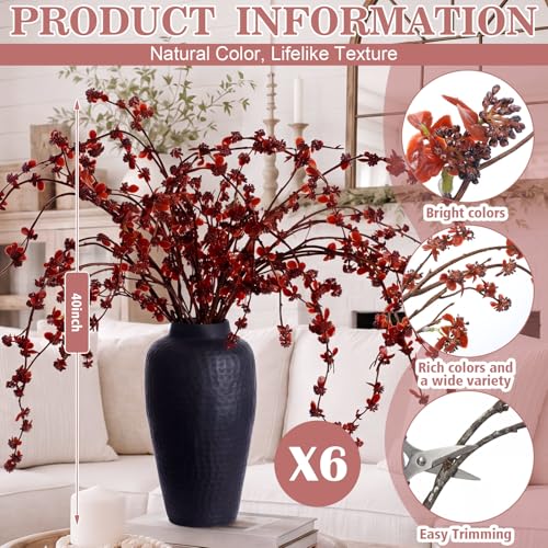 Zeyune 6 Pcs Artificial Branches with Burgundy Buds 40" Evergreen Faux Plastic Plant Stem Picks Sprigs for Vase DIY Home Office Wedding Party Indoor and Outdoor Spring Decor(Burgundy, Regular Style) - color: Burgundy, size: Regular Style