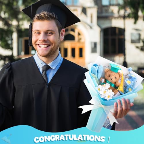 Graduation Crochet Flower Bouquet Set Includes Bear Knitted Tulips Forget-me-nots Lily of the Valley Greeting Card Gift Bag 2026 Blue Flower Bouquet Graduation Gift - color: Blue, style: Knitted Bear and Tulip