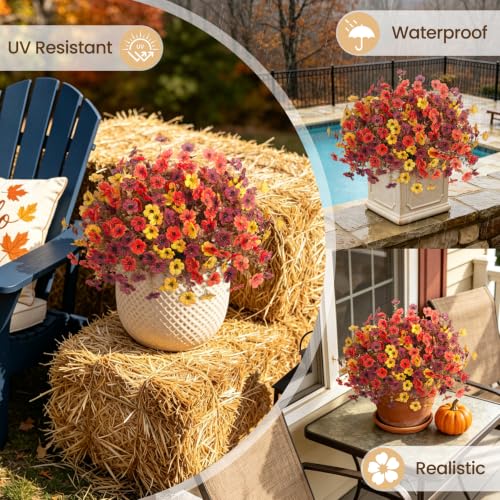 INXUGAO 12PCS Fake Artificial Fall Mums Flowers for Outdoor Decoration Faux Silk Fall Flowers Plants for Outdoor Planters UV Resistant Daisy for Home Decor - color: Fall-orange Brown Yellow