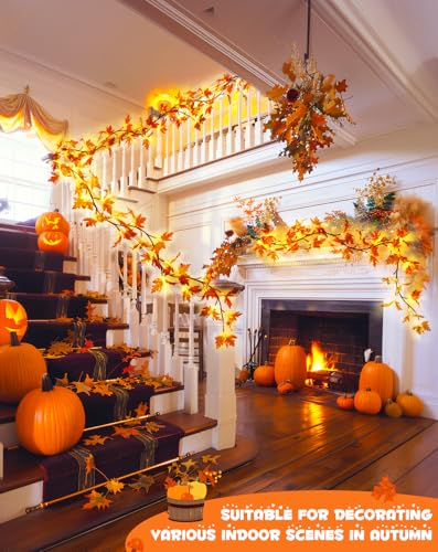JMEXSUSS 6FT Fall Garland with Lights for Thanksgiving, Fall Decor for Room Fireplace Mantel, 24 Orange LED Maple Fall Lights Battery for Table Home Wall Thanksgiving Party Decoration - color: Maple Leaf