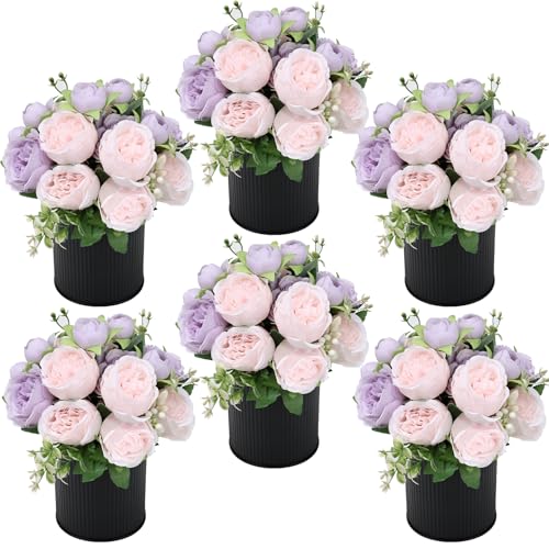 Pre-Made Flower Table Centerpieces, Set of 6 Artificial Silk Peonies with Black Vases for Wedding Reception, Modern Floral Decor for Birthday Party, Anniversary Ceremony - Lilac & Light Pink - color: Lilac & Light Pink