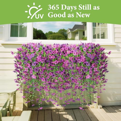 Artificial Flowers for Outdoors,12 Pcs Fake Flowers with Silk Violets & Eucalyptus Leaves,UV Resistant Artificial Outdoor Flowers Suitable for Spring Summer Garden,Porch,Patio and Balcony Decoration - color: Mix Deep Purple & Purple, size: 12 pcs