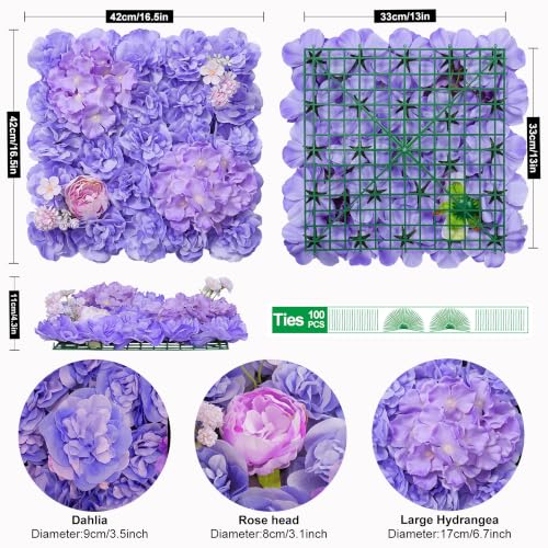 Flower Wall Backdrop 16.5''*16.5'' 12Pcs Artificial Floral Wall Panel 3D Silk Rose Decor for Wedding Home Thanksgiving Day Event Birthday Party Decoration - color: Purple