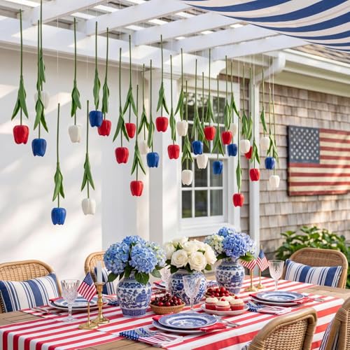 12 Pack Red White Blue 5 ft Artificial Hanging Tulips Garland, 4th of July Dangling Faux Tulip Wall Ceiling Patriotic Hanging Flower for Independence Day 250th Anniversary Home Party Decor - color: Red White Blue