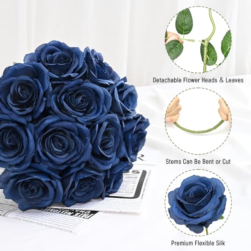 Waipfaru 16 Pcs Blue Roses Artificial Flowers, Long Stem Fake Roses, Silk Faux Flowers for Valentines Wedding Bouquet Vase Centerpiece Home Decor (Navy Blue) - color: Navy Blue, size: 16 Pcs