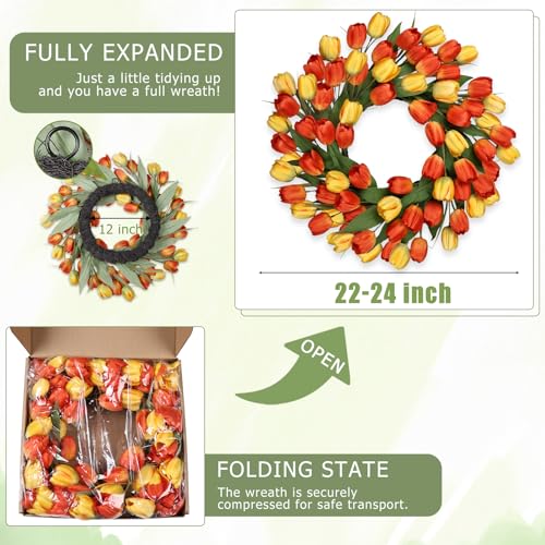 24 Inch Tulip Summer Wreath for Front Door Spring Silk Wreath with Green Leaves Artificial Tulip Flower Wreaths for All Seasons Farmhouse Porch Wall Living Room Home Widding Decor-Orange - color: Orange