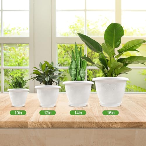 Plastic Flower Pots Planters For Indoor Plants, 4 Pack 14 Inch White Plant Pots With Drainage Hole & Tray, Modern Decorative Large Plant Pot With Saucer For Indoor Outdoor Plants Garden House Planter - color: White, size: 14 inch-4 pack