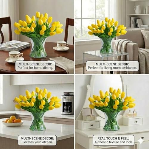Real Touch Artificial Tulips with Glass Vase and Acrylic Water, 40 Pcs Fake Tulip Flowers Bouquet for Home Office Decor, Silk Flowers Arrangements for Dining Table Wedding Centerpiece (Yellow) - color: Yellow