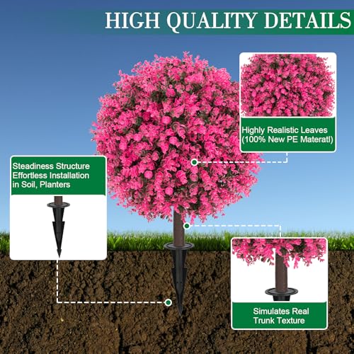 AOKIIE 24" Artificial Boxwood Topiary Bushes UV Resistant for Outdoor 2PCS | Artificial Shrubs with Ground Spike, Pink Faux Outdoor Plants for Indoor & Outdoor Garden, Yard, Porch, Patio - color: Pink