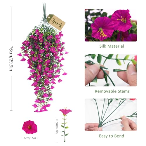 SJL Artificial Flowers for Outdoors Hanging Planters for Outdoor Plants Realistic Morning Glory Silk Flowers with Stems Artificial Eucalyptus Stems for Spring Balcony Backyard Kitchen Decor(Fuchsia) - color: Hanging Fuchsia