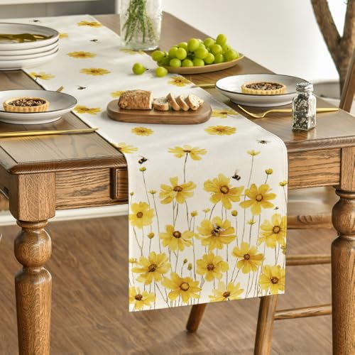 Artoid Mode Yellow Flowers Daisy Bees Summer Table Runner, Seasonal Easter Fall Holiday Kitchen Dining Table Decoration for Home Party Indoor 13x108 Inch - size: 13" x 108", Table Runner