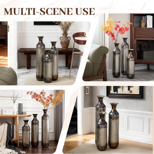 Metal Floor Vases Decorative, Set of 3 Flower Arrangement Stand, White Glazed Metal Decorative Vase Tall Distressed Metallic Centerpiece Vases, 33.5", 28.7", 24" H (Gold＆White) - color: Gold＆white