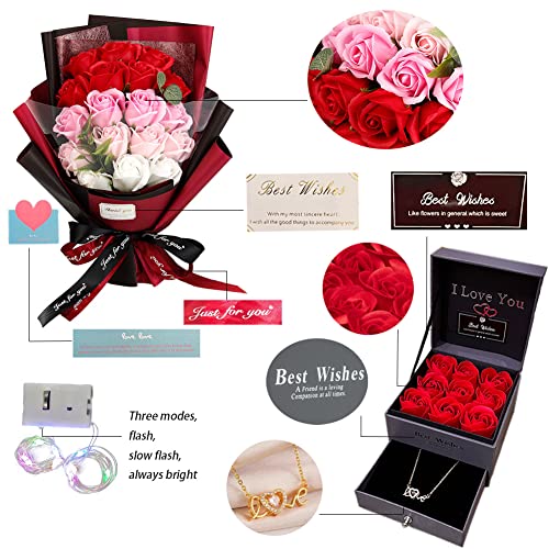 EIGHTOWN Roses Bouquet Artificial Flower - Preserved Red Rose Flowers with Love Necklace for Her - Unique Gifts Valentine's Day, Mother's Day, Thanksgiving, Birthday, Anniversary - color: Pink and Red