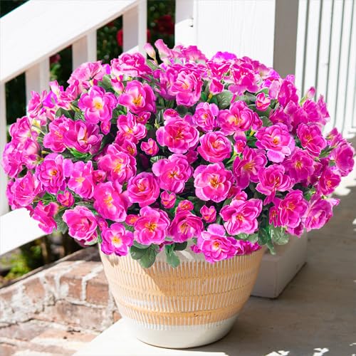 HyeFlora Artificial Faux Outdoor Flowers Plants for Spring Summer Decoration, Fake Silk Fuchsia Camellia UV Resistant Look Real for Planter Outside Front Door Porch Patio Balcony, 3 Large Bundles - color: Fuchsia