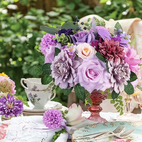 Fake Flowers Artificial Flowers Peonies Bulbous Chrysanthemum Daisy Hydrangea Sunflower Violets Dahlia Daffodils Epiphyllum Orchid Cherry Blossom Camellia Leyaron Floral Arrangements (Purple&Pink) - color: Royal Purple