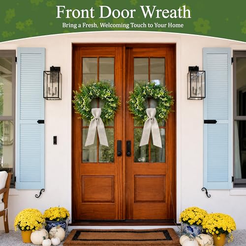 26 Inch Large Artificial Boxwood Wreaths for Front Door All Season, Eucalyptus Wreath with 2 Sashes, Baby's Breath and Flower Buds, Summer Farmhouse Greenery Decor for Outdoor, Porch, Home