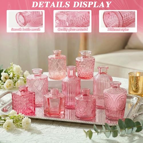 Set of 30 Pink Colored Glass Bud Vases - Small Textured Flower Vases for Centerpieces, Wedding Table Decor, Retro Home Decor Bulk Vase Set for DIY, Events & Gifts - color: Pink