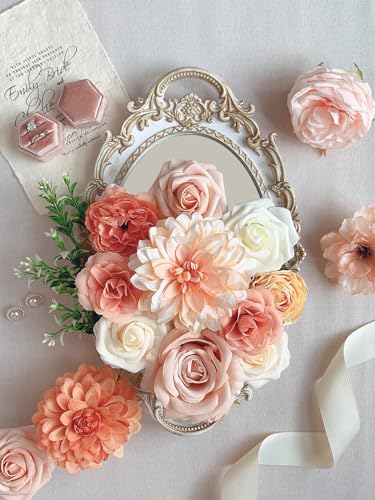 FACINOC Roses Artificial Flowers Orange Fake Flower with Stems for DIY Wedding Bouquets Bridal Baby Shower Centerpiece Table Decorations Silk Faux Floral Arrangements for Party Home Decor Indoor Peach - color: Orange Peach Flowers