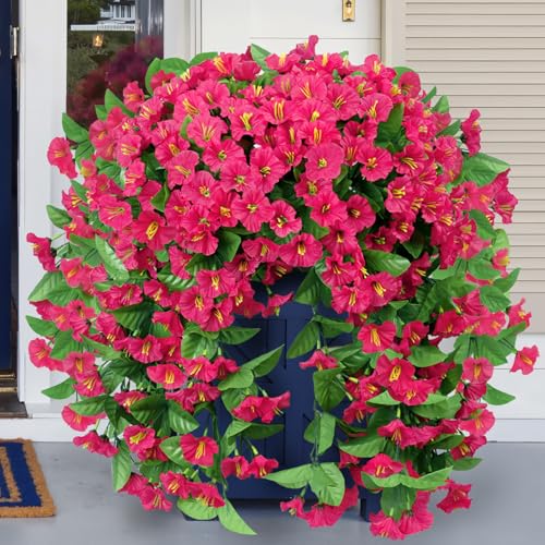 Artificial Hanging Flowers for Outdoors, 2 Pack UV Resistant Fake Flowers Rose Red Silk Morning Glory Faux Petunias Hanging Artificial Plants Trailing Vines for Home Porch Garden Planter Decor - color: Rose Red