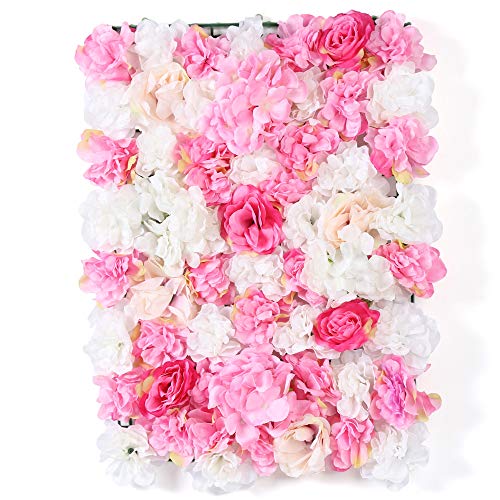 Artificial Flower Wall Panels 15 Pack of 16 x 24" Flower Wall Mat Faux Rose Flower Backdrop Panels for Backdrop Wedding Wall Decorations - color: 15pcs, White+pink