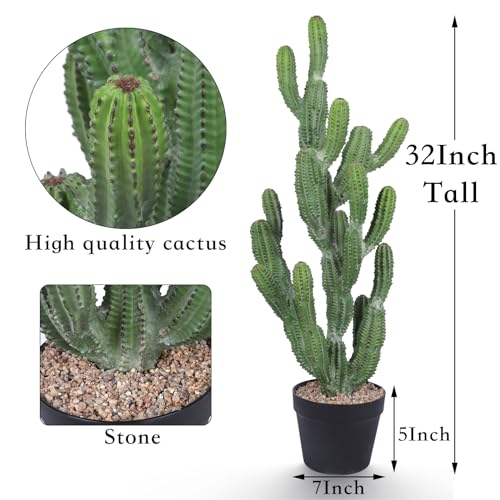 Artificial Cactus Plant 32 Inch Faux Desert Cacti Fake Cactus Potted Plant with Black Planter for Home Garden Office Indoor Outdoor Decoration
