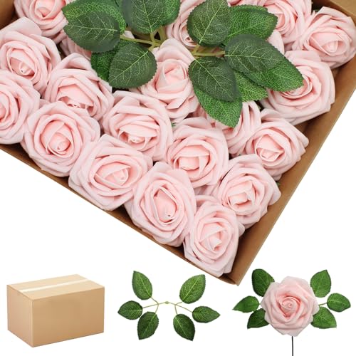 200PCS Light Pink Realistic Roses - Artificial Latex Foam Flowers with Bendable Stems & 100PCS Leaves for Wedding, Home and Party DIY Decor - color: Light Pink, size: 200
