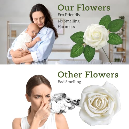50Pcs Artificial Flowers Foam Fake Roses Ivory White with Stems,for DIY Wedding Bouquets White Bridal Shower Centerpieces Arrangements Party Tables Decorations and Home Decorations - color: 50-ivory