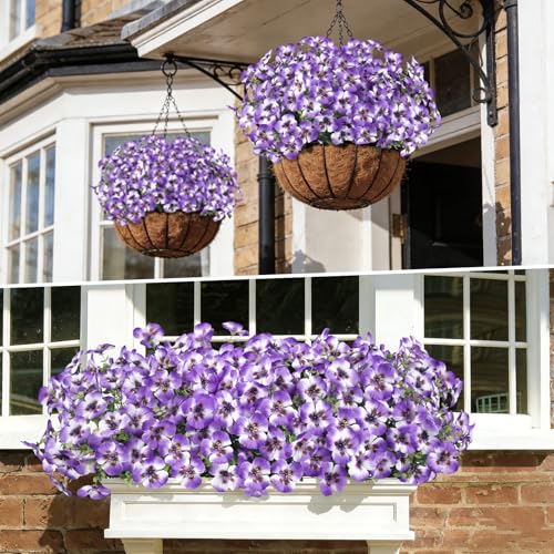 Artificial Pansies Flowers for Outdoor Faux Flower Spring Summer Decor, 12 Bundles Realistic Fake Silk Flowers Outside UV Resistant for Porch Patio Garden Home Yard Window Box Planters Purple - color: Purple White