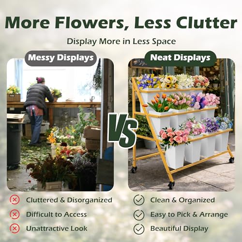 PROLEE Flower Display Stand with 12 Buckets, Flower Cart 3 Layers, Flower Stand Metal with Wheels, Moving Florist Bouquet Shelf, Triangular Rack, Gold - color: Gold