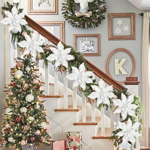 Briful 9'' Poinsettias Artificial Christmas Flowers 8PCS White Glitter Christmas Poinsettia Decorations Ornament Flowers for Xmas Tree Wreath Garland Mantle Winter Holiday Decor - color: White