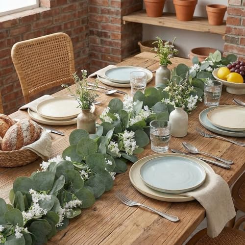 Thiccywoov 2 Pack Artificial Eucalyptus Garland 6.5 ft Each Faux Silver Dollar Leaves Greenery Artificial Vines with White Accents for Wedding Table Runner Home Mantle Outdoor Decor (Green White) - color: Green White