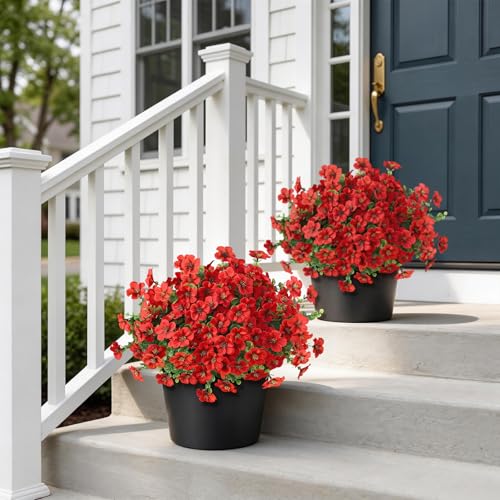 2 Set of Artificial Morning Glory & Eucalyptus Topiary Trees - Faux Silk Flower Potted Plants, UV-Resistant Fake Outdoor Morning Glory Bushes for Front Door, Yard, Farmhouse, Garden Decor (Red) - color: Red