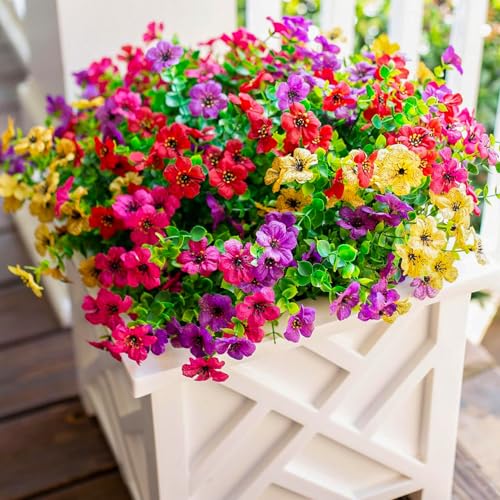 florisso Artificial Flowers for Outdoors Daisy 12 Bundles for Home Decoration, Faux Flower Fake Plants Outside Decoration with Eucalyptus UV Resistant for Planter Porch Patio Yard Garden Colorful - color: Purple Pink Yellow Red