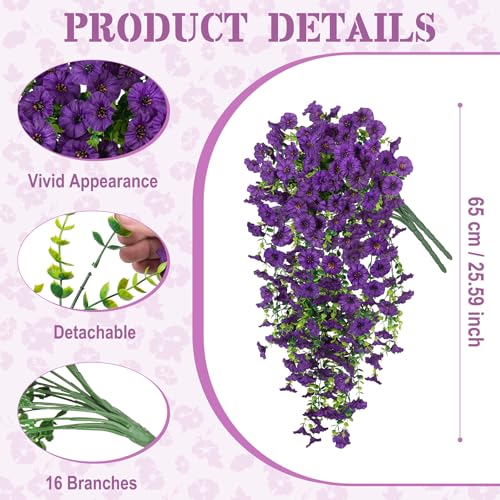 Artificial Hanging Petunias Flowers for Outdoor, 2pcs Fake Plants Long Vine Morning Glory Eucalyptus, UV Resistant Realistic Faux Greenery Outside Patio Porch Garden Spring Summer Decor, Dark Purple - color: Purple